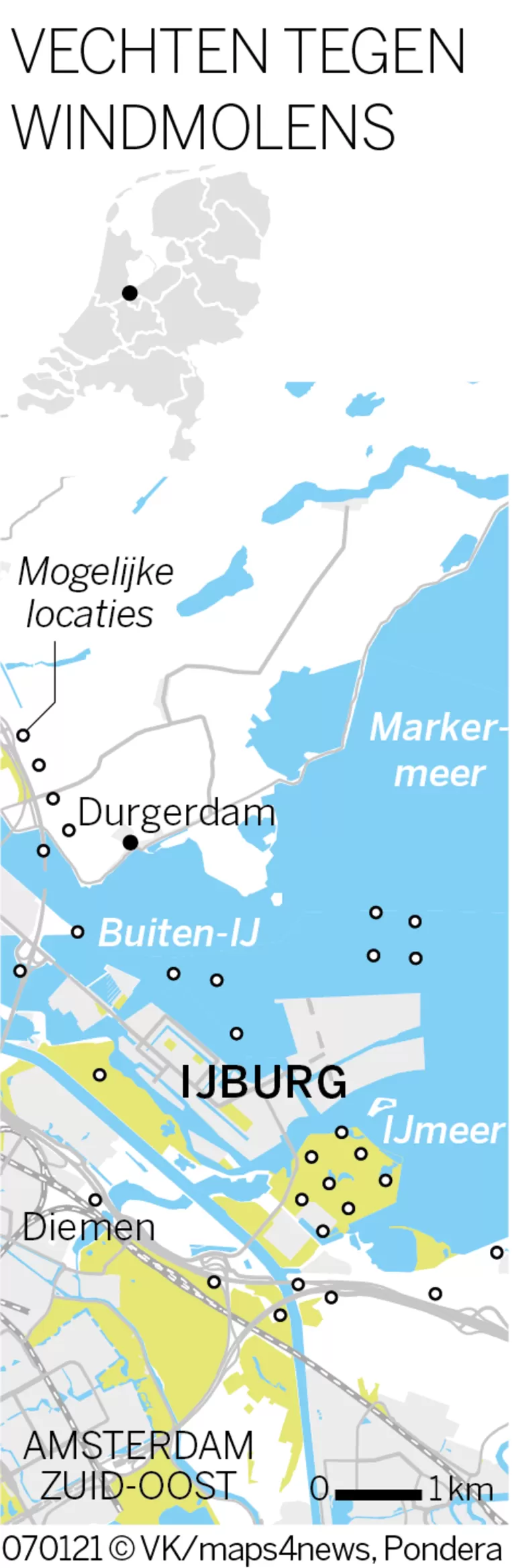 Mogelijke locaties van windmolens bij IJburg.